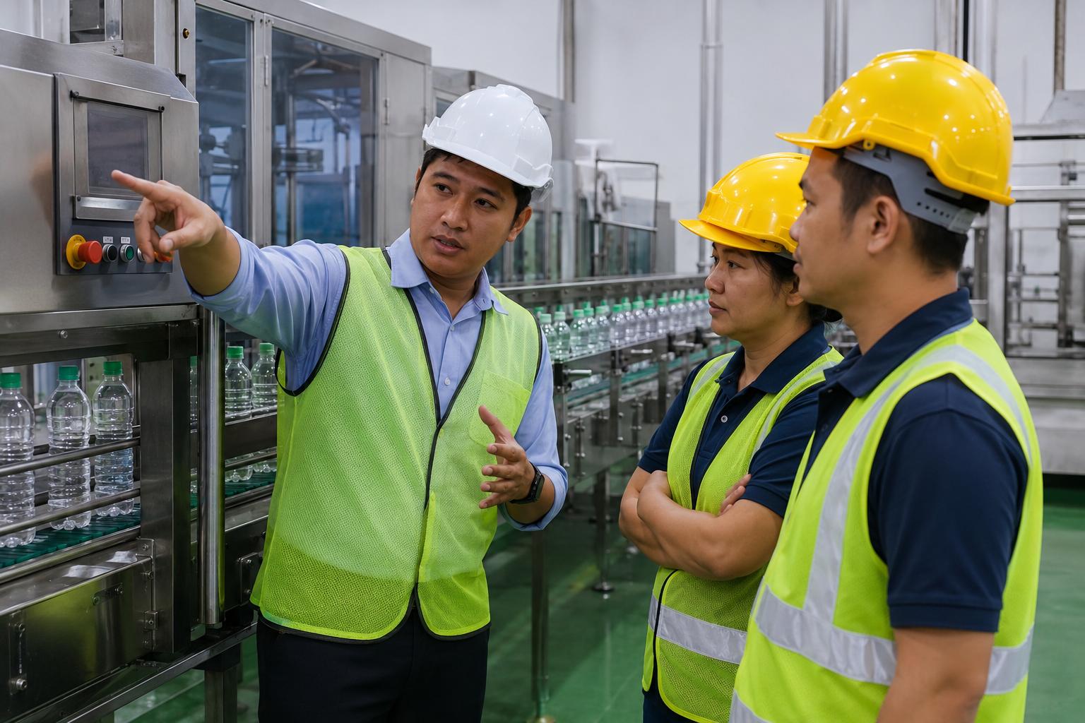 Facility team reviewing machinery controls during operator training in a production line