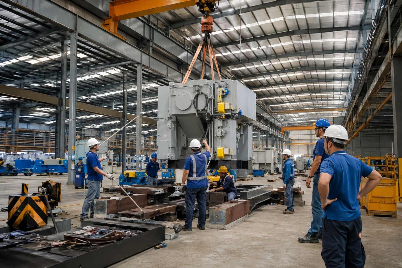 Workers using an overhead crane to position heavy industrial machinery for installation