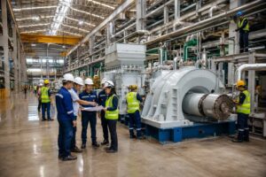 Industrial team reviewing machinery installation plans beside large equipment in a Philippine facility
