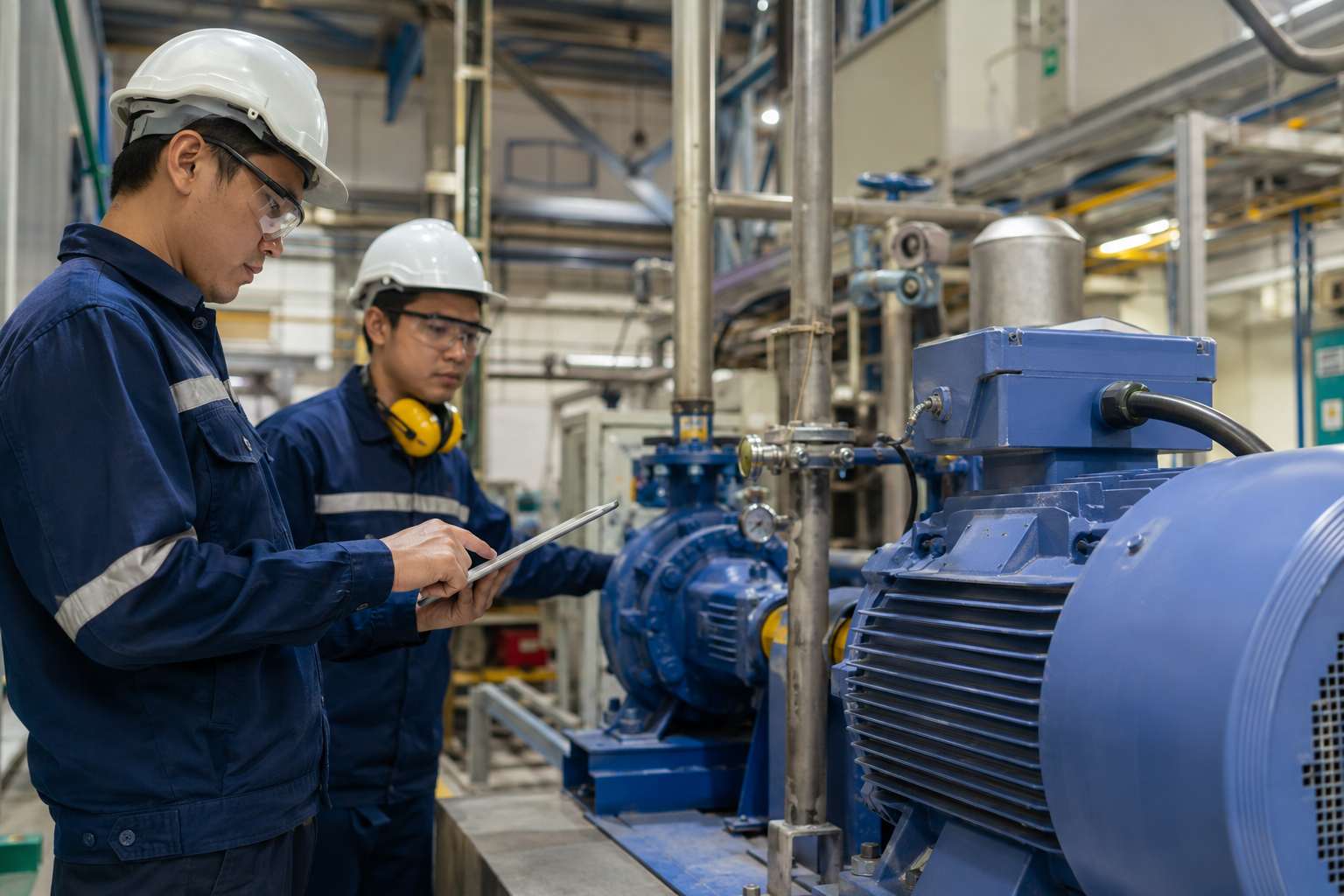 Technicians inspecting industrial pumps and equipment before finalizing installation project terms