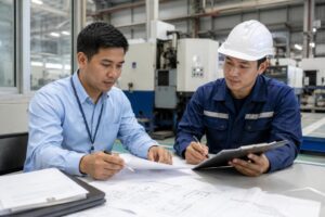 Procurement officer and technician reviewing machinery installation contract details inside an industrial facility