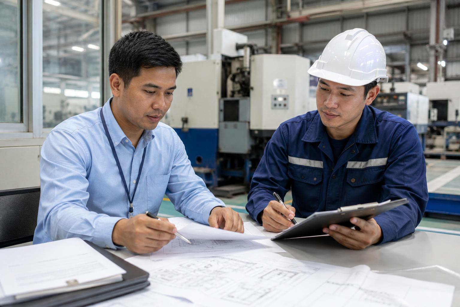 Procurement officer and technician reviewing machinery installation contract details inside an industrial facility