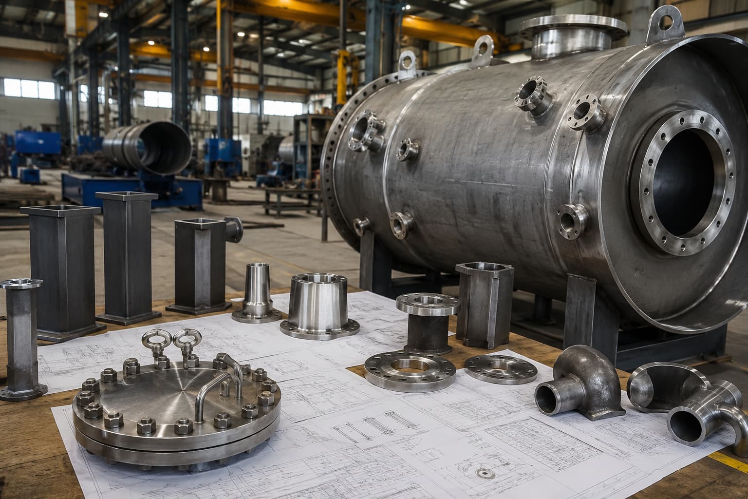 Custom steel tank design with fittings drawings and fabrication components