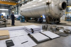 Steel tank fabrication checklist with project documents and industrial tank in workshop