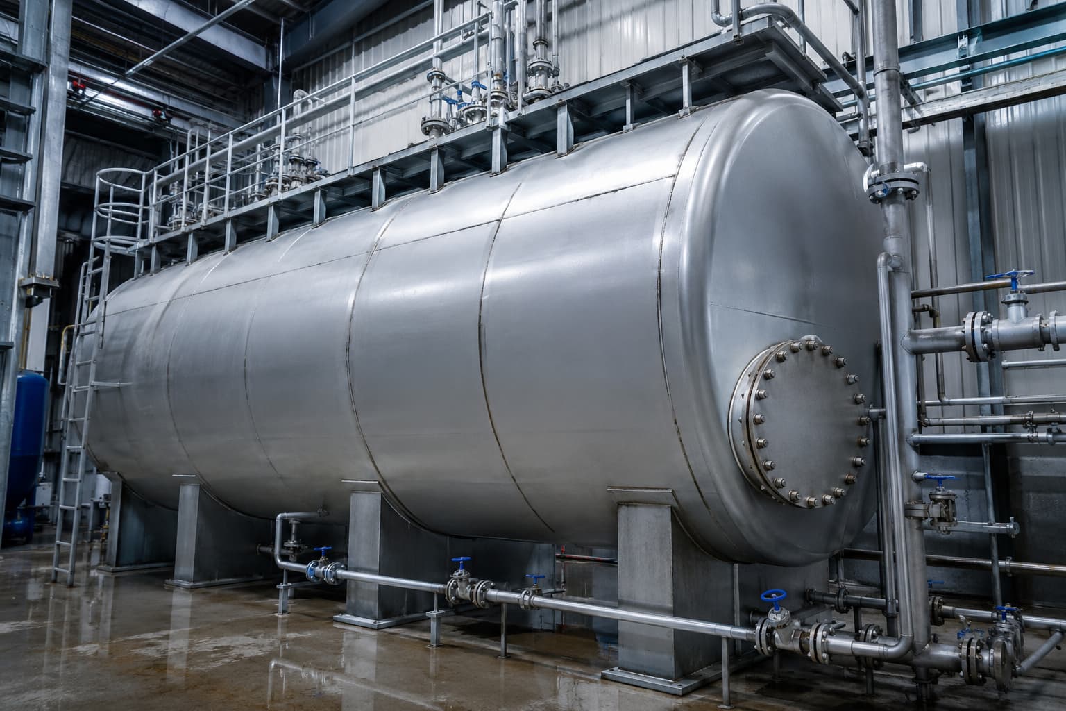 Custom steel tank for industrial water storage in a manufacturing facility