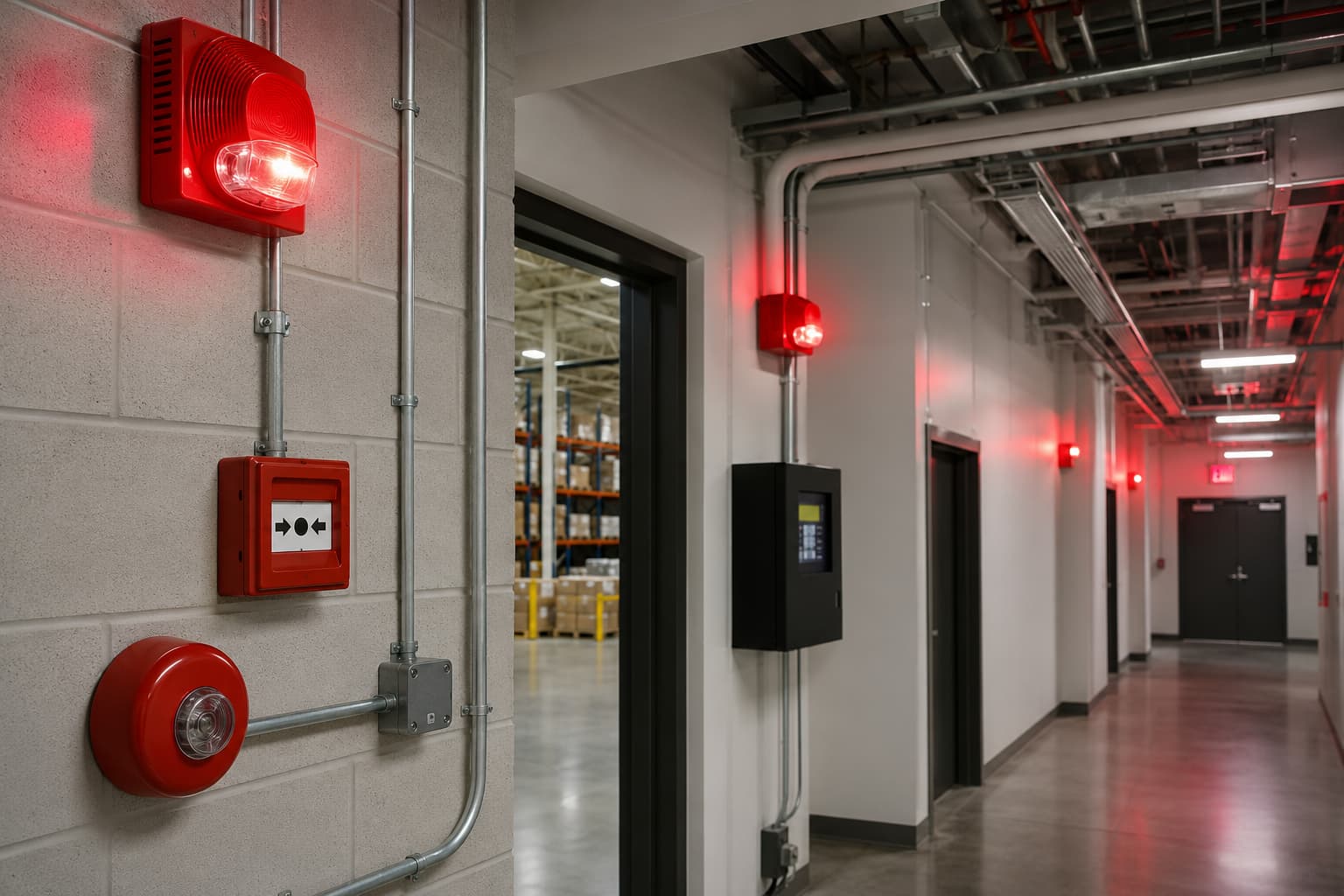 Fire alarm signal devices with smoke detectors and horn strobes in an industrial facility
