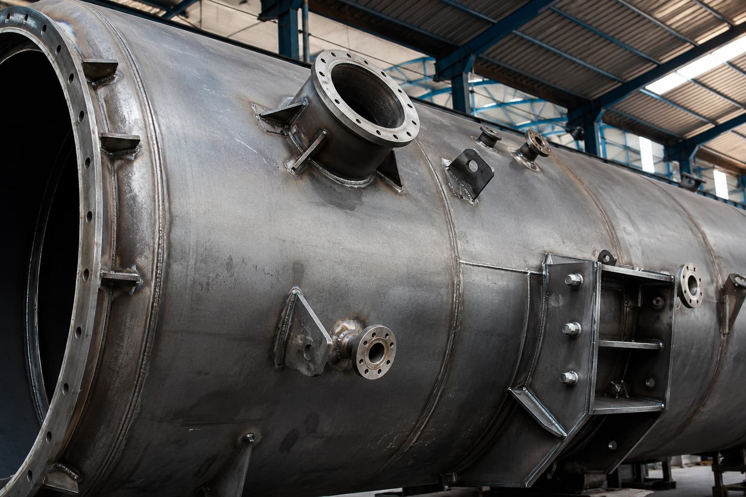 Steel tank weld seams and nozzle connections showing fabrication workmanship