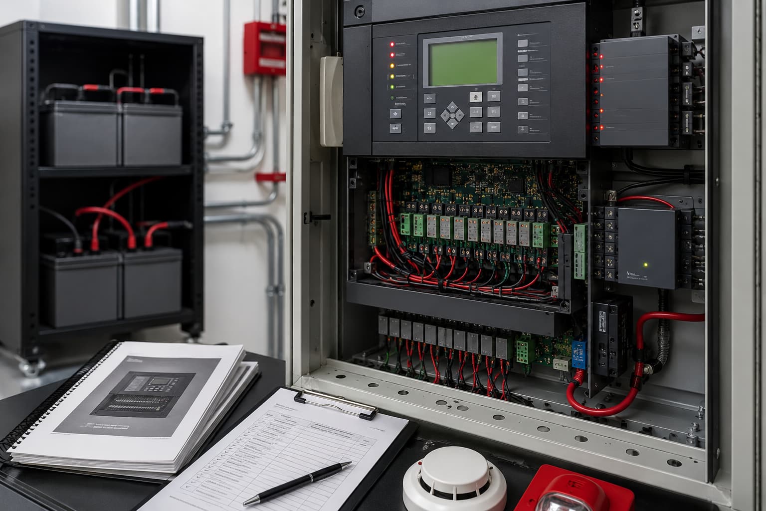 Fire alarm control panel wiring and maintenance records for troubleshooting system faults