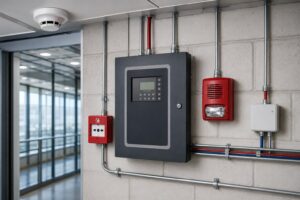 Fire alarm control panel monitoring alarms and system signals in a facility