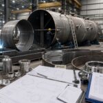 Steel tank fabrication process with tank sections documents and workshop components