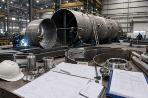 Steel tank fabrication process with tank sections documents and workshop components
