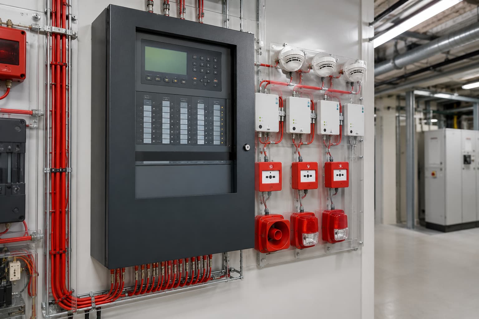 Addressable fire detection and alarm system control panel with connected devices