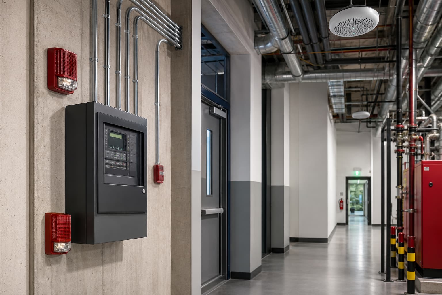 Voice evacuation speaker strobes installed in a commercial facility for emergency alerts