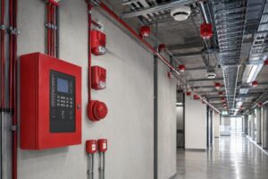 Fire alarm control panel with detectors and notification devices in an industrial facility