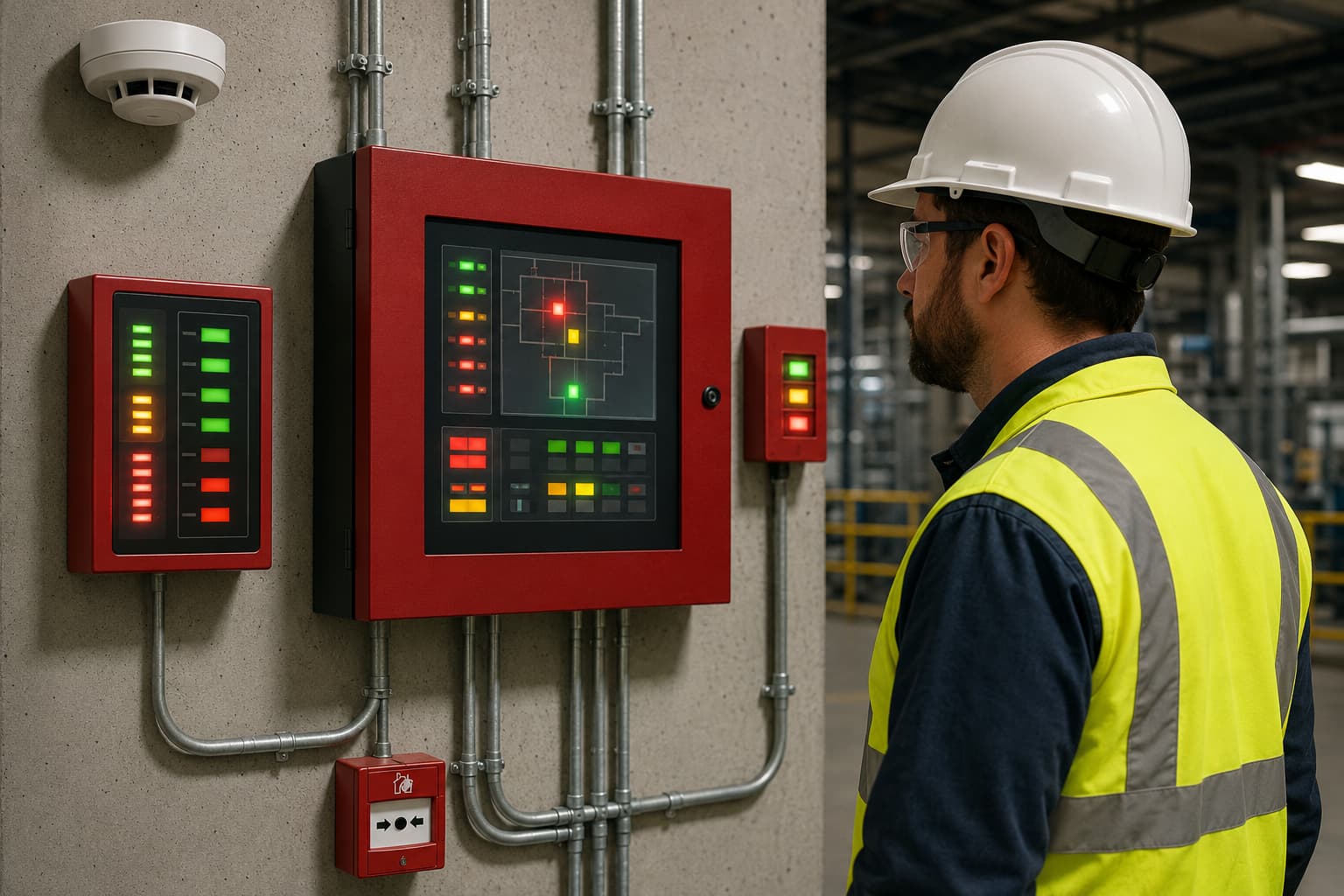 Fire alarm annunciator display showing system status in a facility control area
