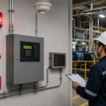 Visual fire alarm indicators and control panel in an industrial facility