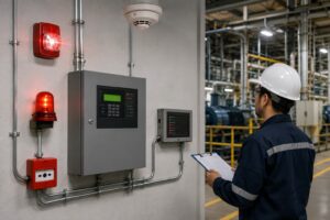 Visual fire alarm indicators and control panel in an industrial facility