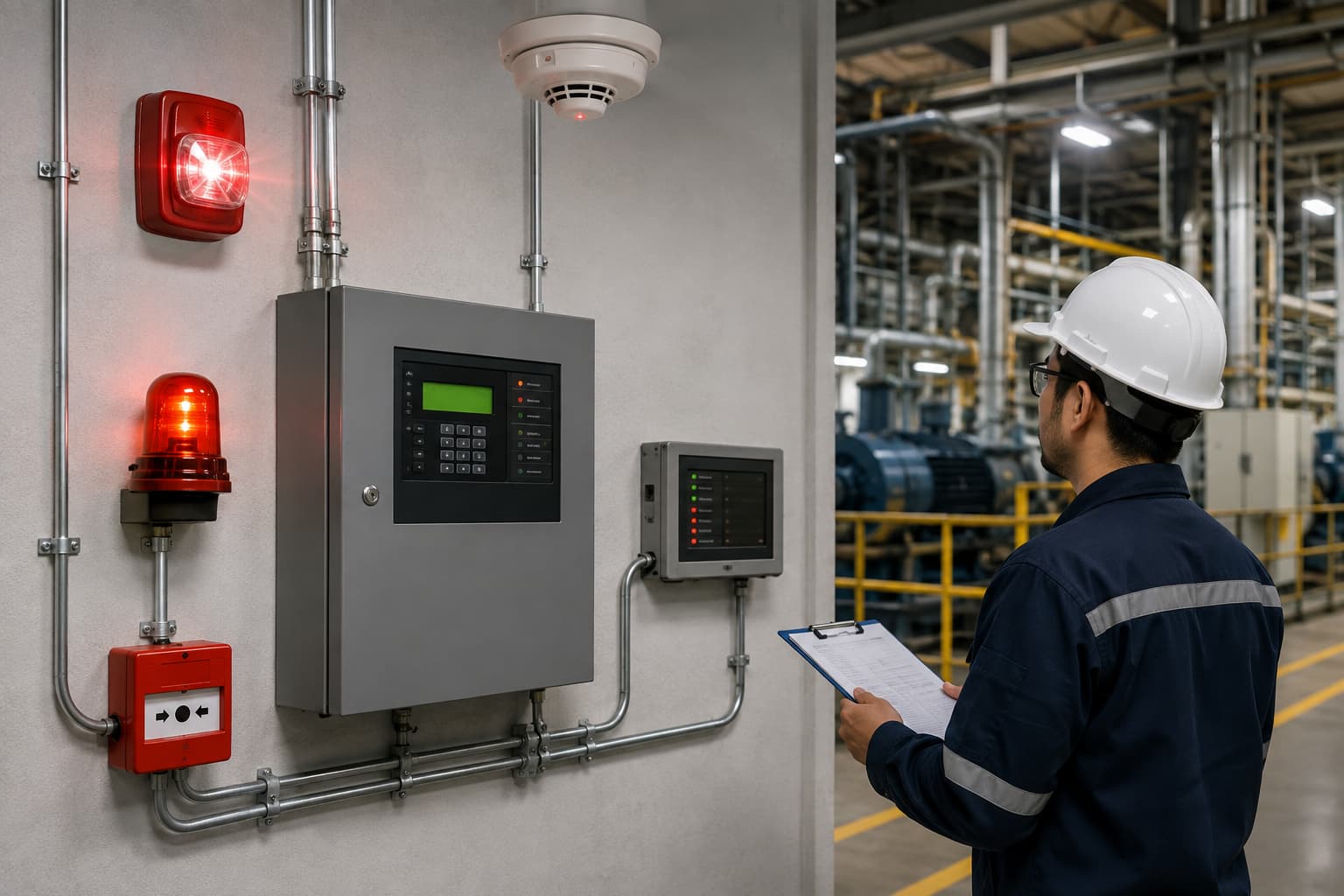 Visual fire alarm indicators and control panel in an industrial facility